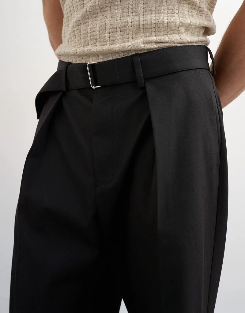Topman wide leg belted twill trouser in black