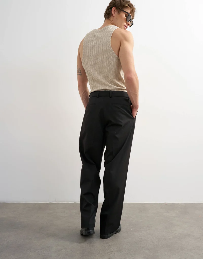 Topman wide leg belted twill trouser in black
