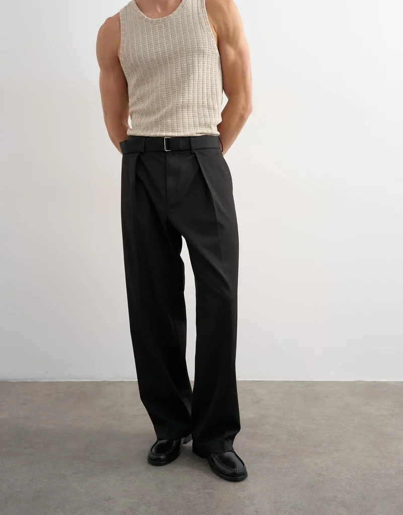 Topman wide leg belted twill trouser in black