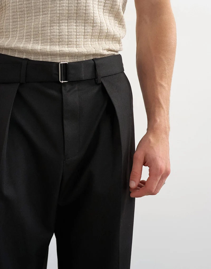Topman wide leg belted twill trouser in black