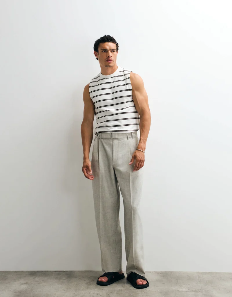 Topman wide leg belted textured trouser in stone