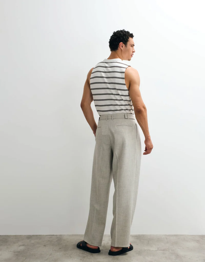 Topman wide leg belted textured trouser in stone