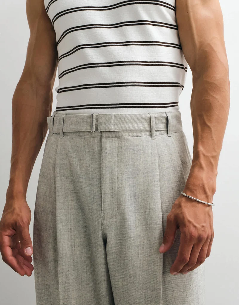 Topman wide leg belted textured trouser in stone