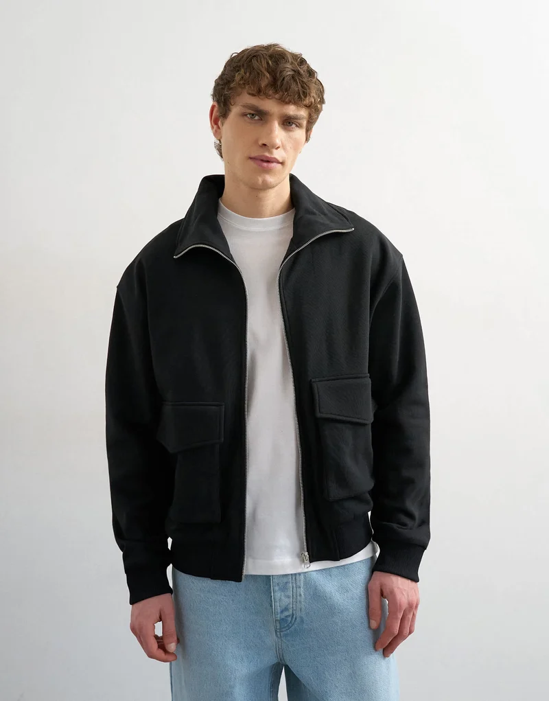Topman relaxed fit jersey utility shacket with funnel in black
