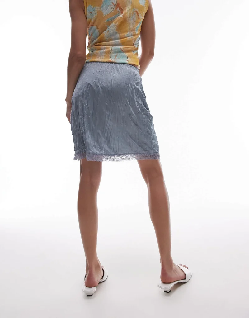 Topshop crinkle mini skirt with knicker trim and lace split in airforce blue