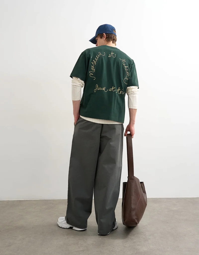 Topman relaxed fit t-shirt with monsieur front and back embroidery in dark green