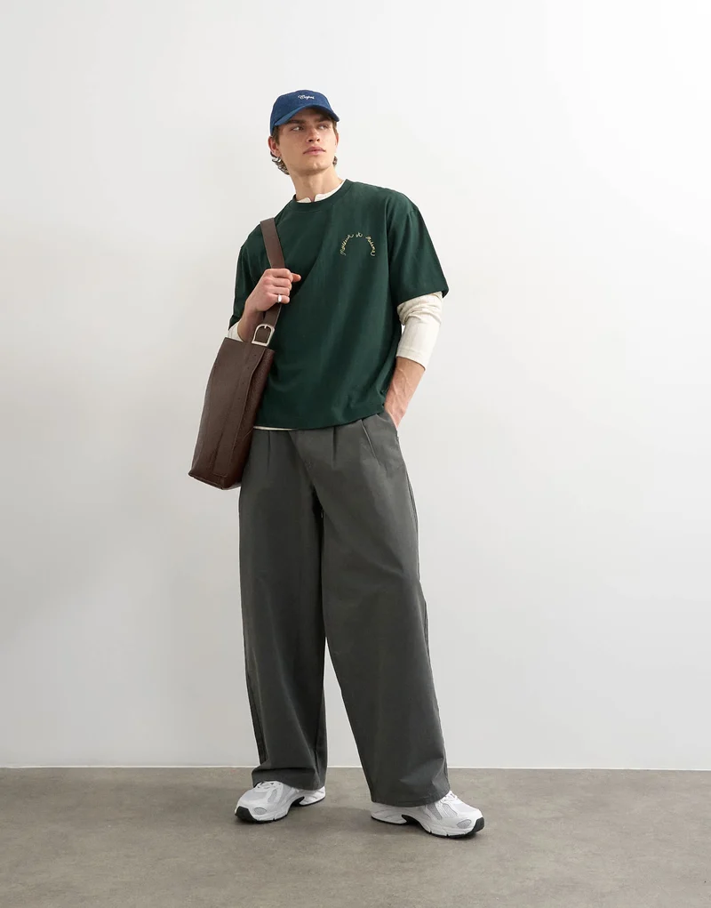 Topman relaxed fit t-shirt with monsieur front and back embroidery in dark green