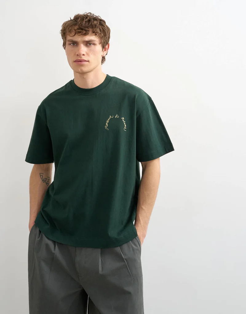 Topman relaxed fit t-shirt with monsieur front and back embroidery in dark green