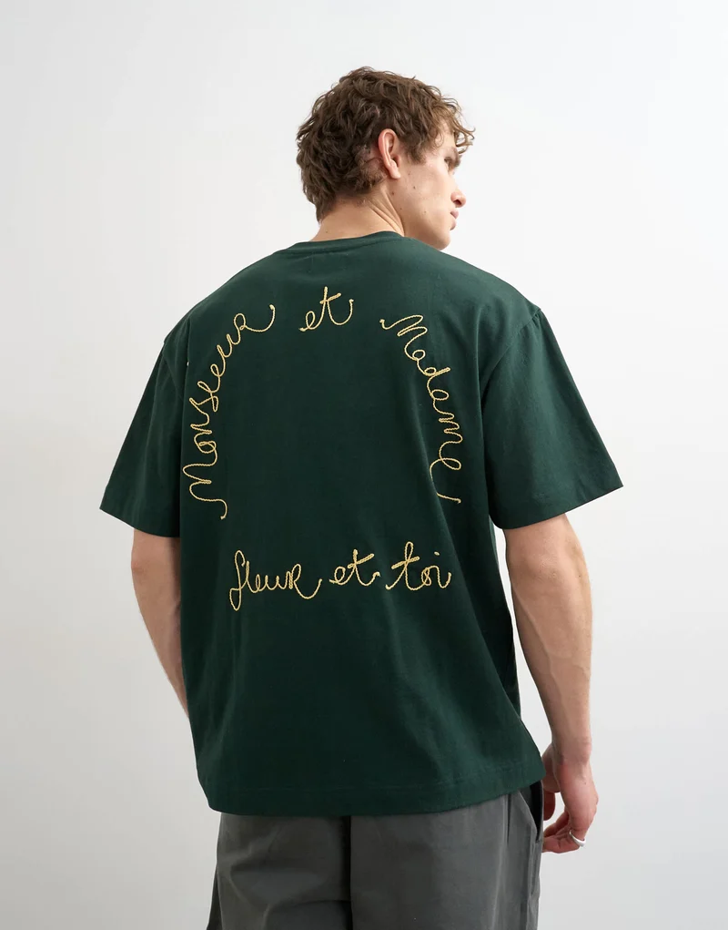 Topman relaxed fit t-shirt with monsieur front and back embroidery in dark green