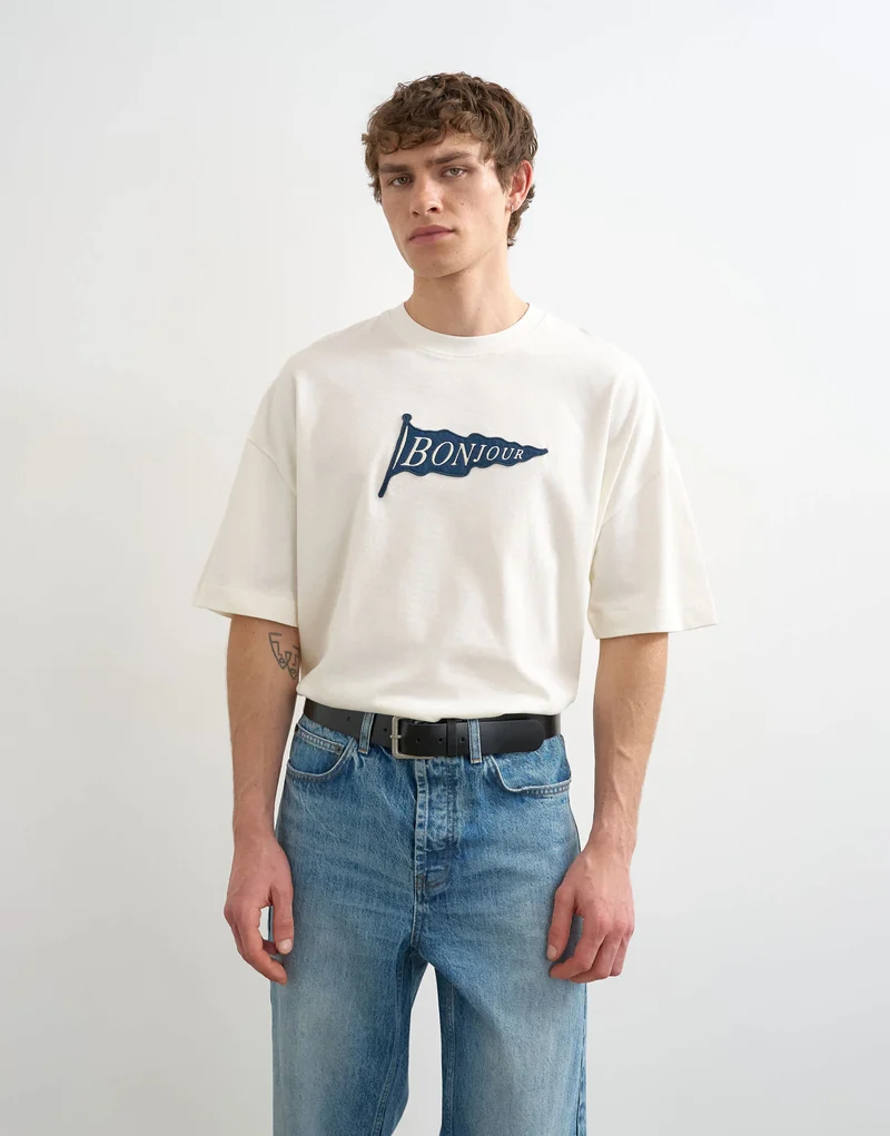 Topman relaxed fit t-shirt with Bonjour Flag patch in ecru