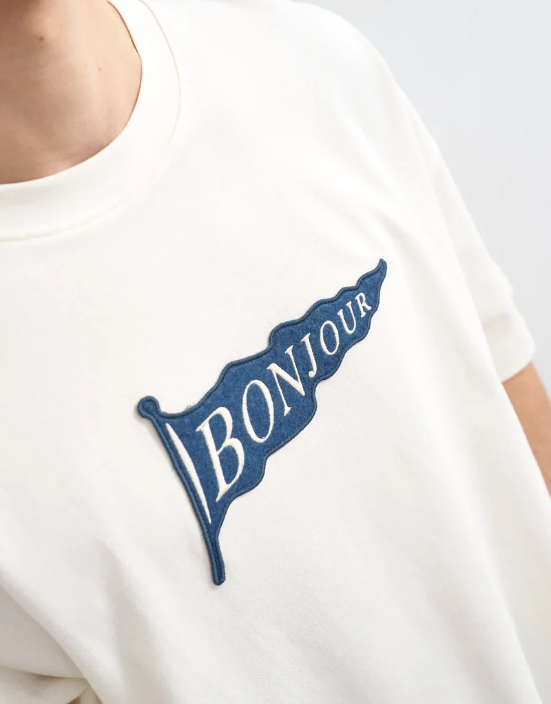 Topman relaxed fit t-shirt with Bonjour Flag patch in ecru