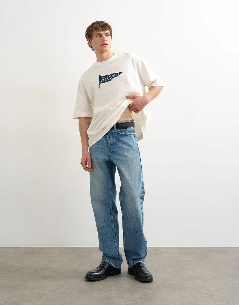 Topman relaxed fit t-shirt with Bonjour Flag patch in ecru