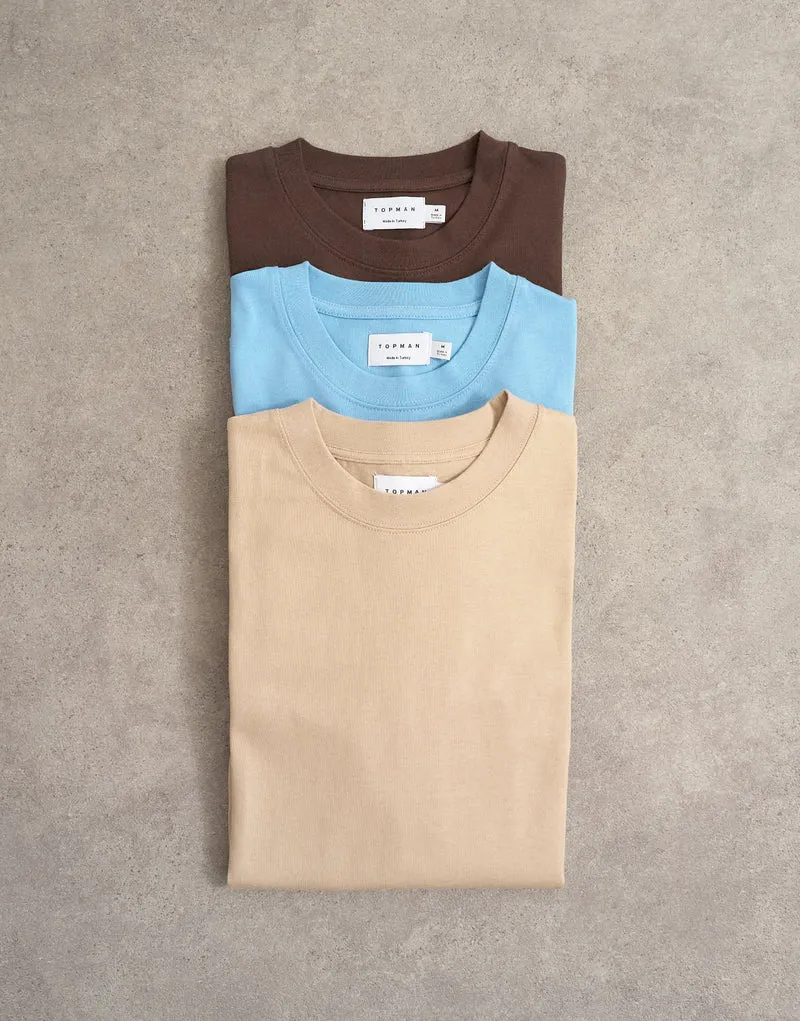 Topman 3 pack relaxed fit t-shirt in brown, stone and blue