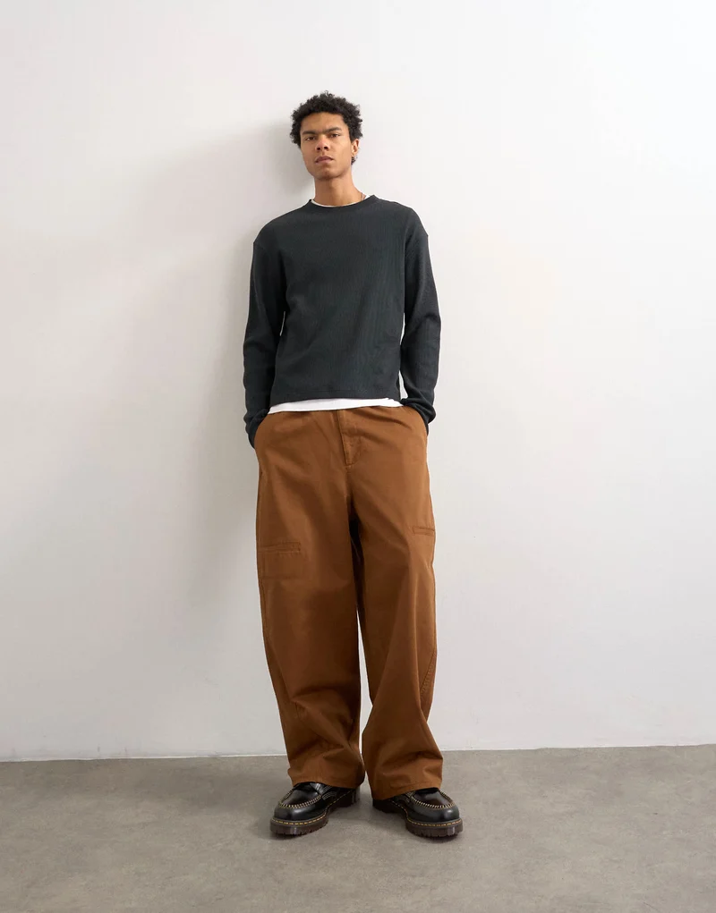 Topman cropped fit long sleeve heavyweight waffle t-shirt in washed black