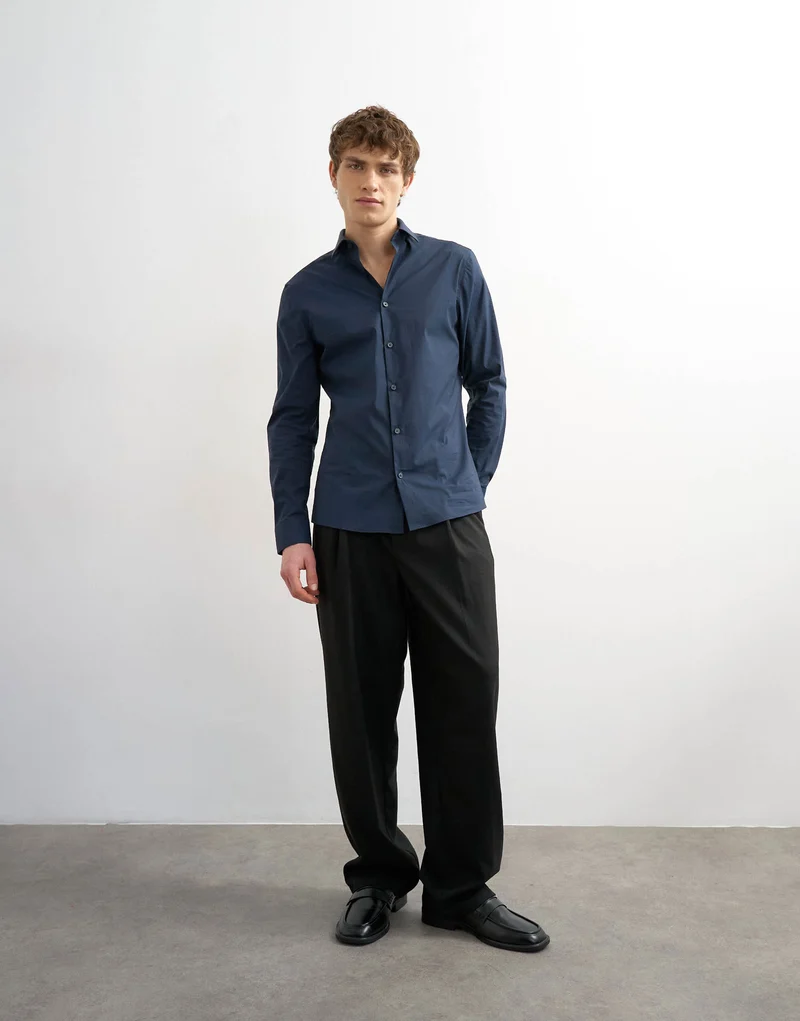 Topman slim fit long sleeve formal stretch shirt in navy
