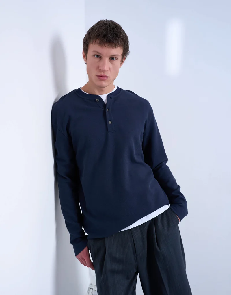 Topman premium relaxed fit heavyweight waffle henley in navy