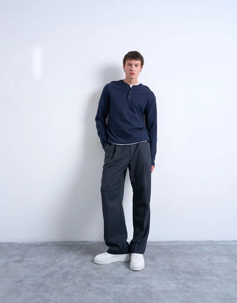 Topman premium relaxed fit heavyweight waffle henley in navy