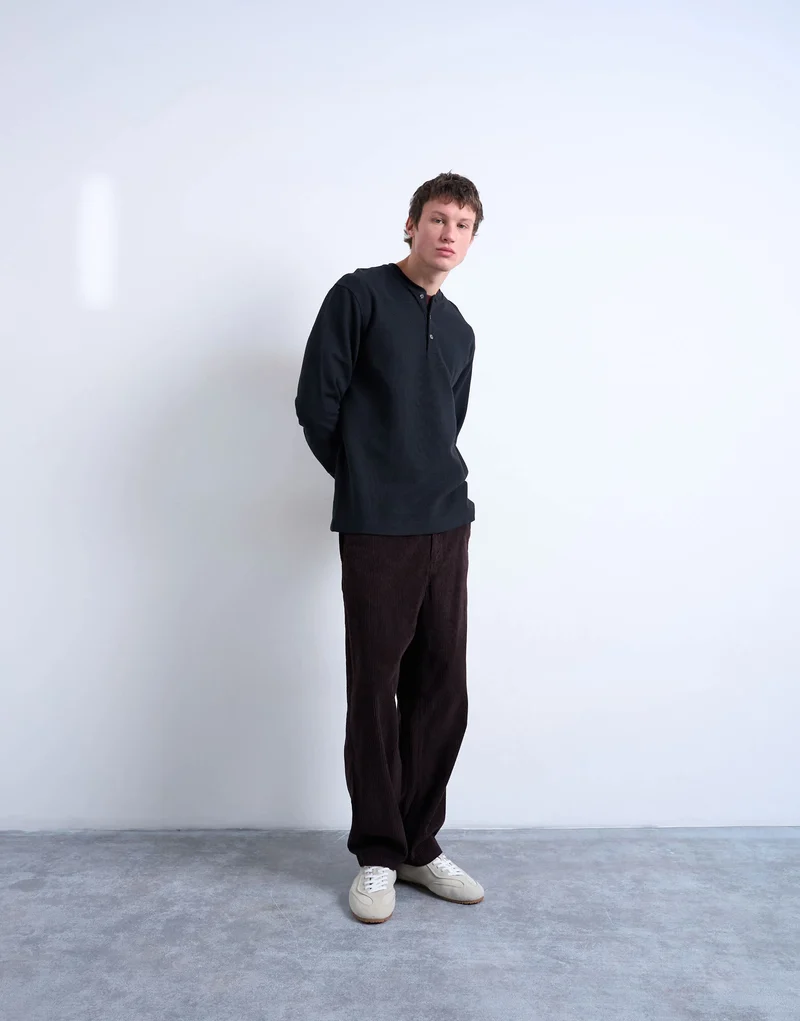 Topman premium relaxed fit heavyweight waffle henley in black