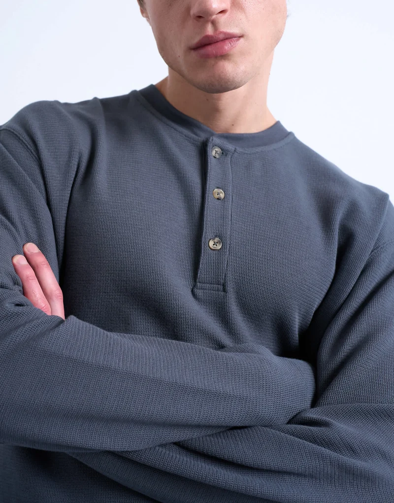 Topman premium relaxed fit heavyweight waffle henley in grey