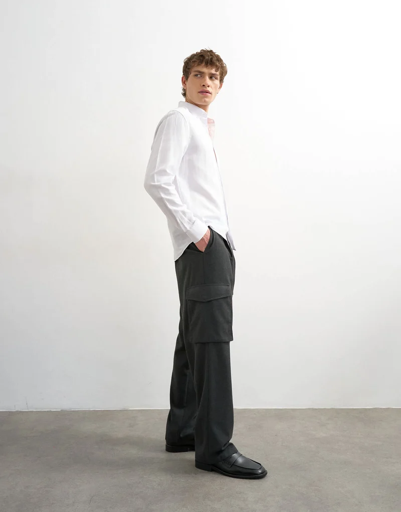 Topman wide leg belted smart trouser with side pockets in charcoal