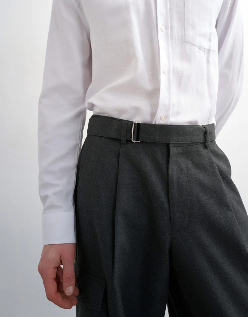 Topman wide leg belted smart trouser with side pockets in charcoal