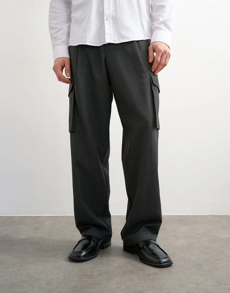 Topman wide leg belted smart trouser with side pockets in charcoal
