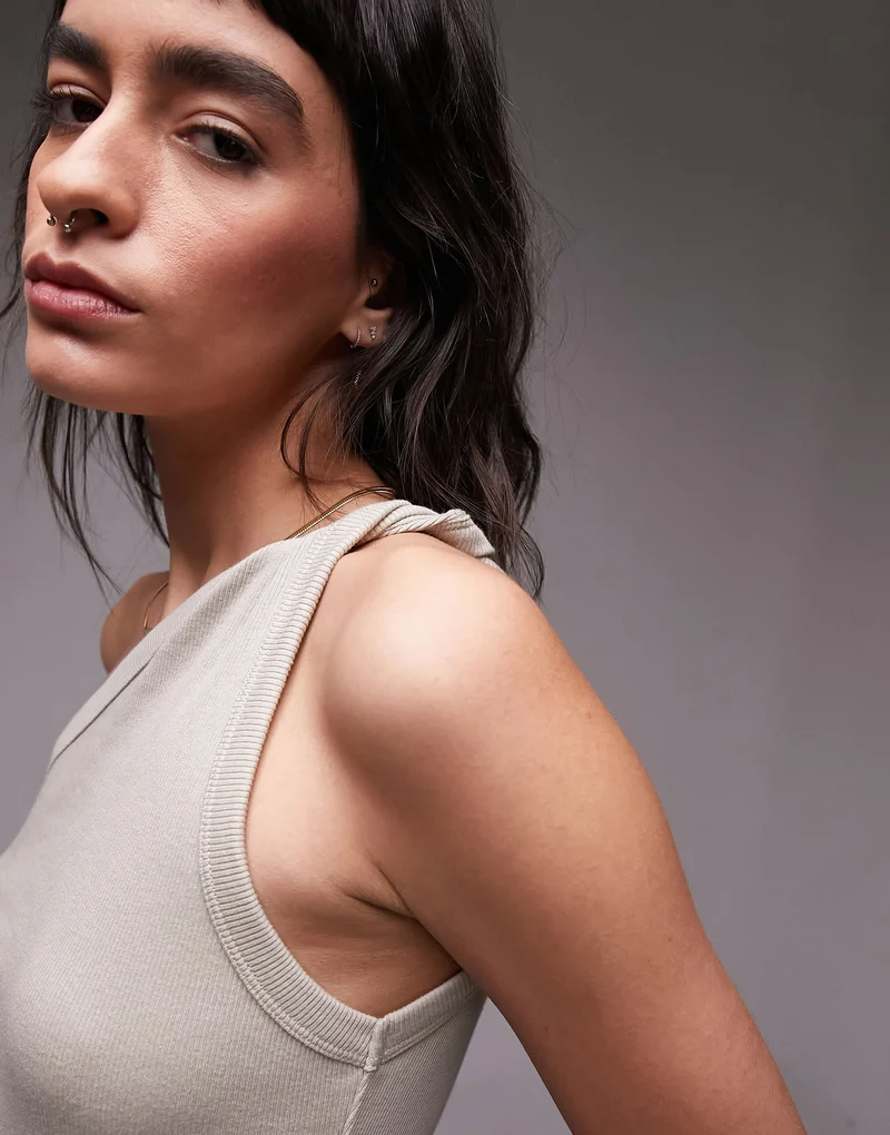 Topshop premium basic rib twist one shoulder in stone