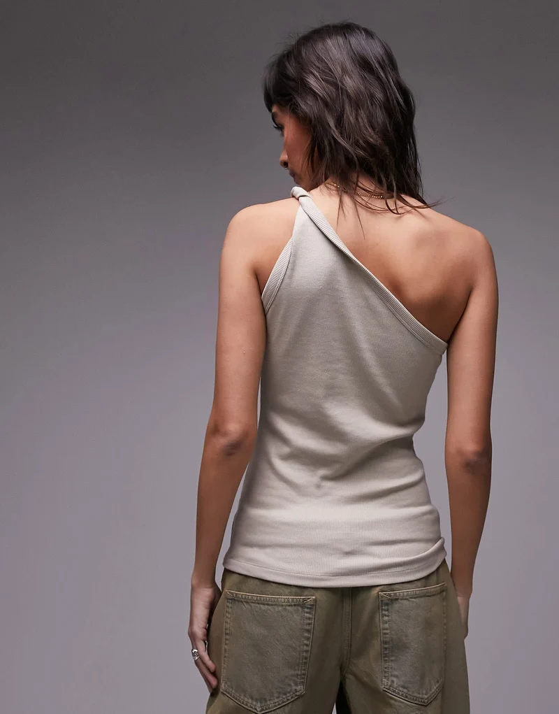 Topshop premium basic rib twist one shoulder in stone
