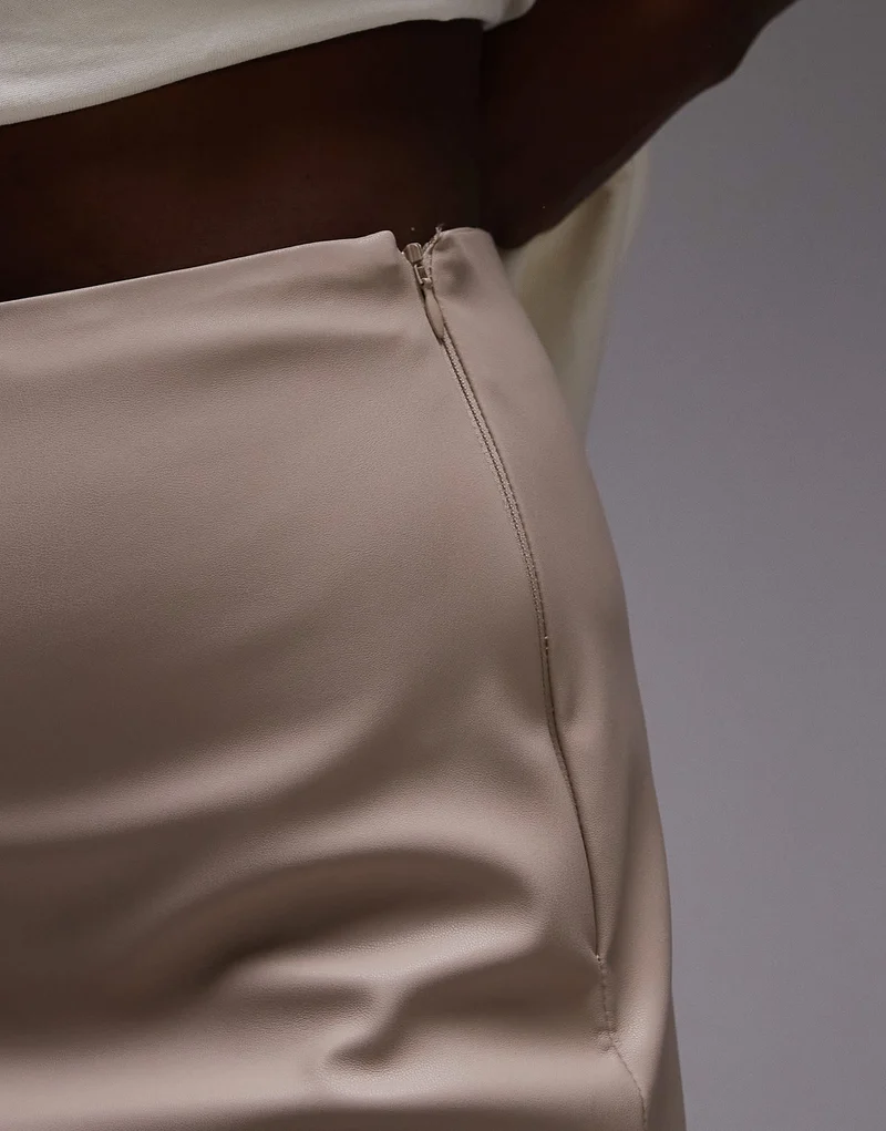 Topshop Tall faux leather step hem mini skirt in fawn