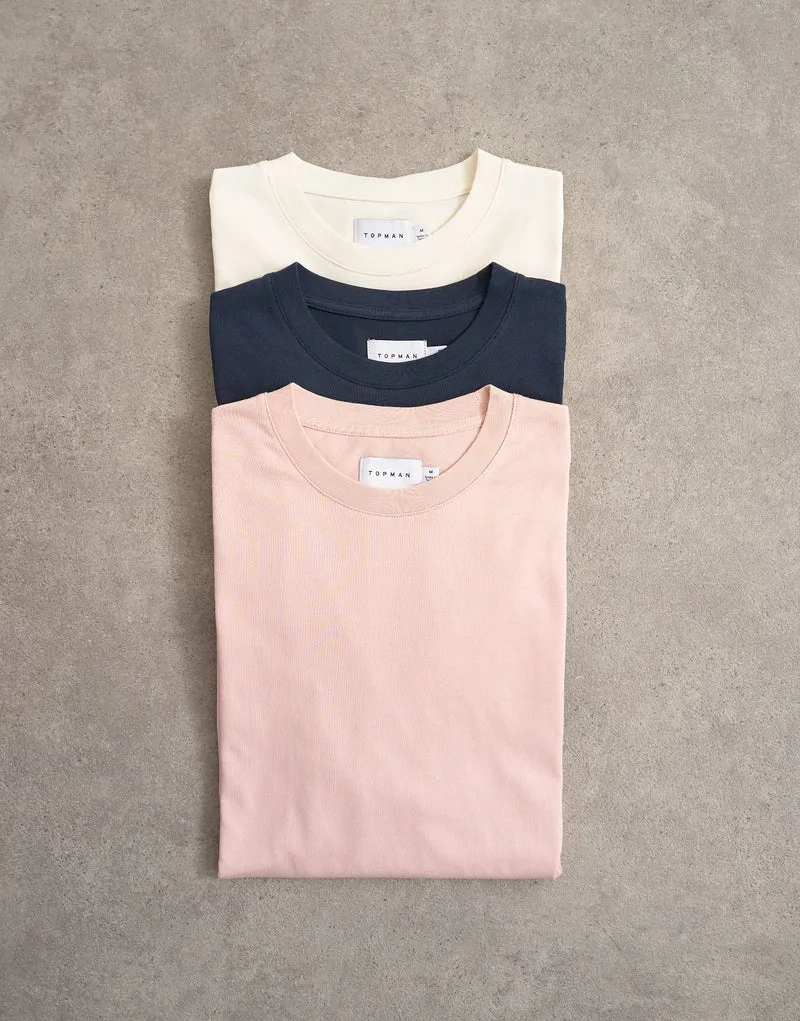 Topman 3 pack classic fit t-shirt in navy, ecru and pink