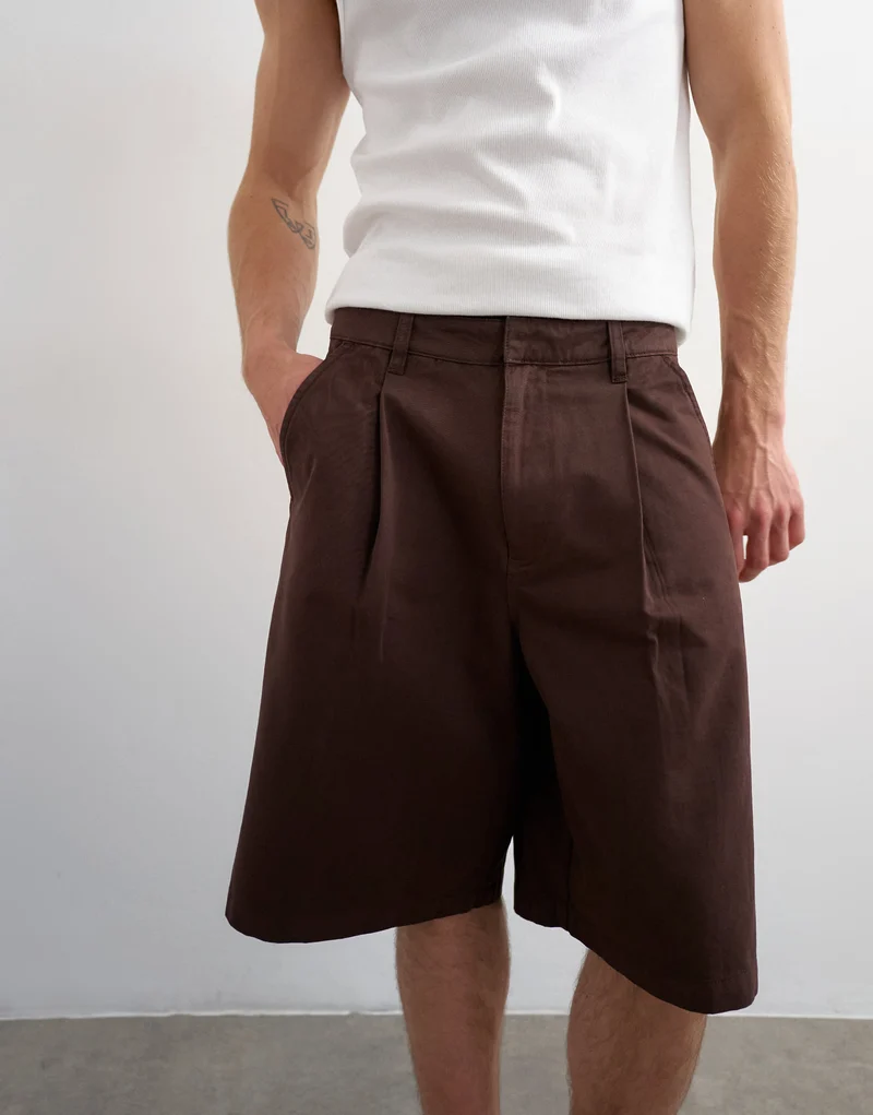 Topman wide leg twill bermuda short with pleats in brown