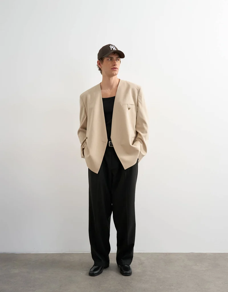 Topman oversized fit collarless blazer in stone