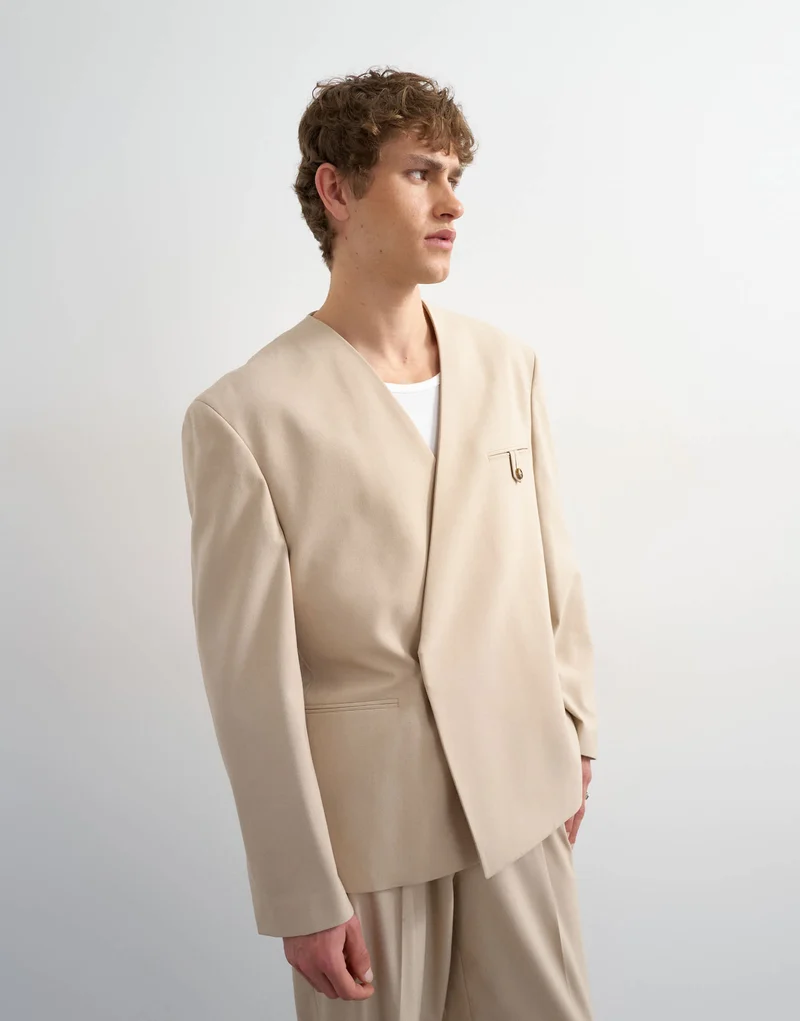 Topman oversized fit collarless blazer in stone