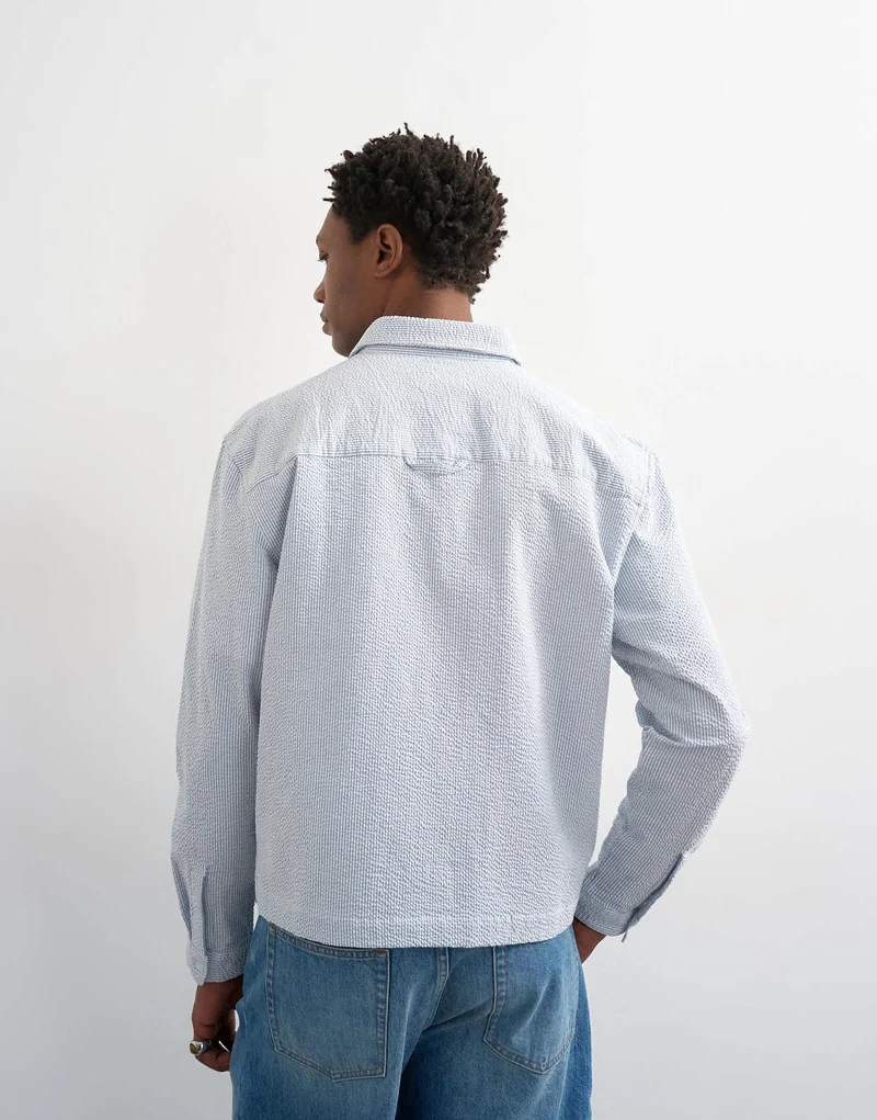 Topman relaxed fit crop seersucker shirt in light blue