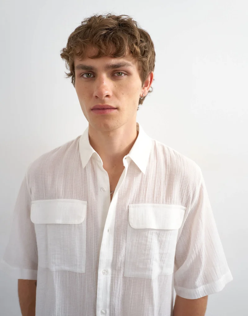 Topman relaxed fit crop sheer ripstop short sleeve shirt in white