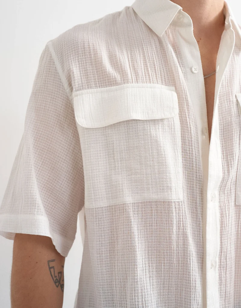 Topman relaxed fit crop sheer ripstop short sleeve shirt in white