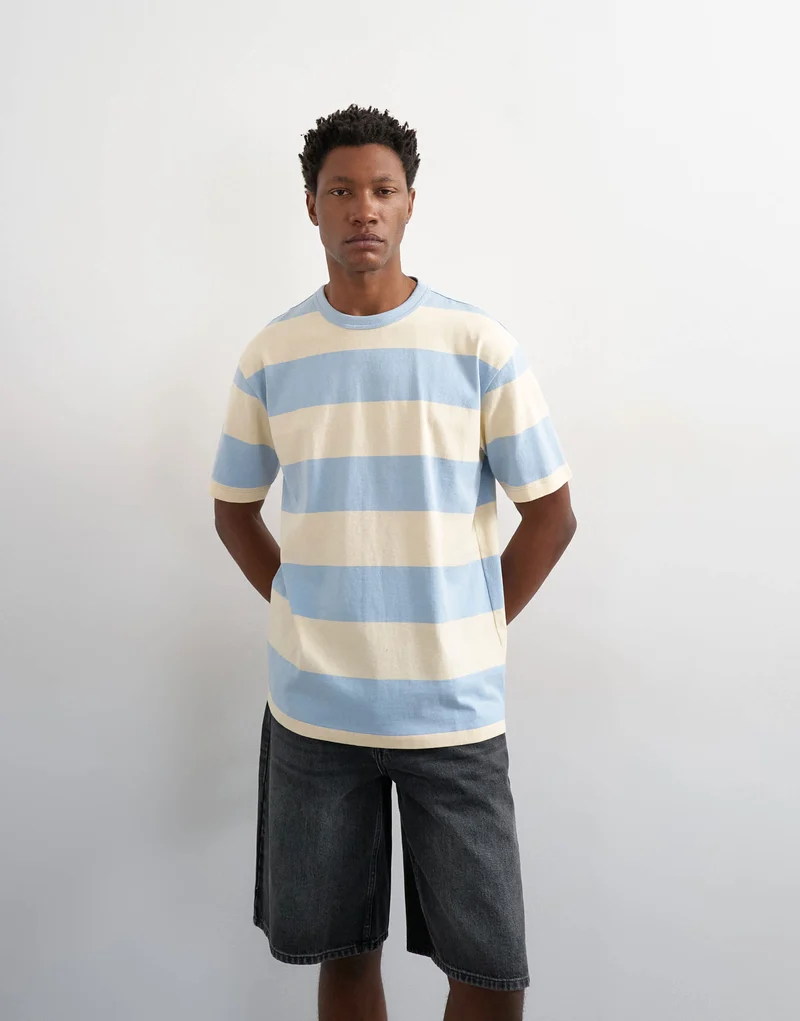 Topman relaxed fit t-shirt with wide stripe in blue and cream