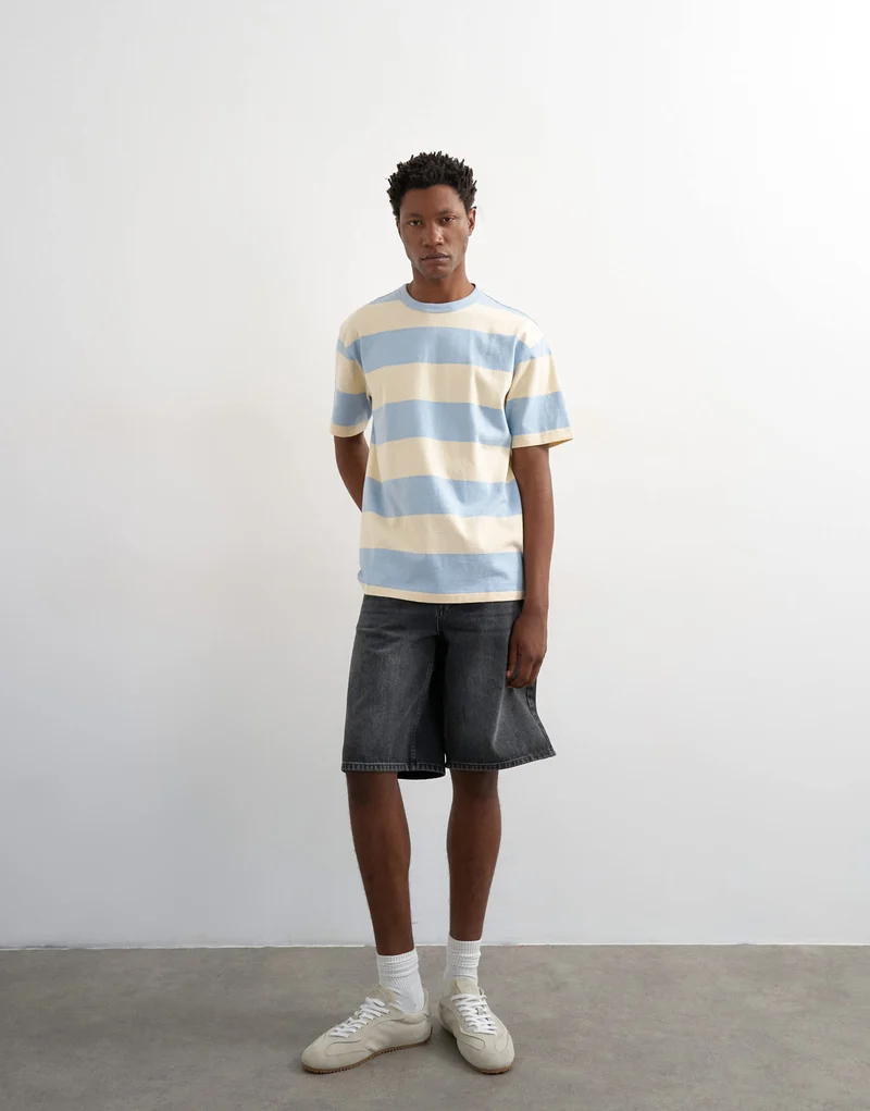 Topman relaxed fit t-shirt with wide stripe in blue and cream