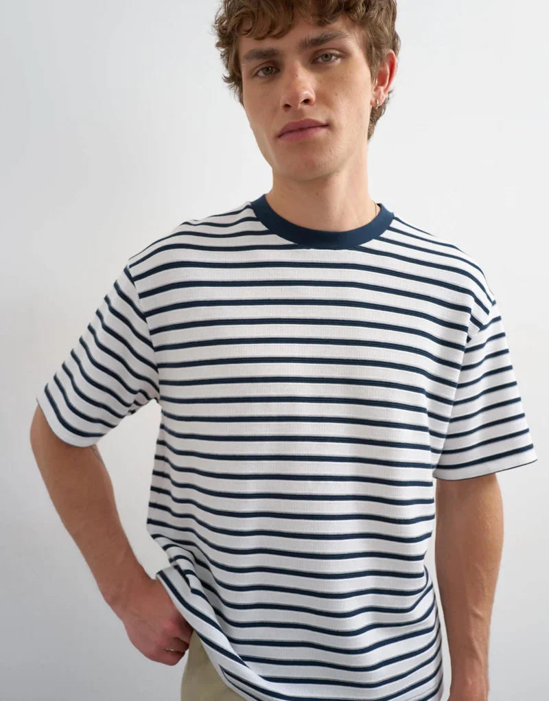 Topman relaxed fit textured t-shirt with breton stripe in navy