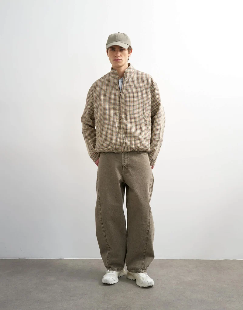 Topman textured check Harrington in brown