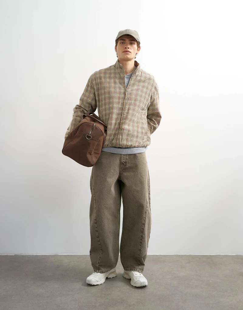 Topman textured check Harrington in brown