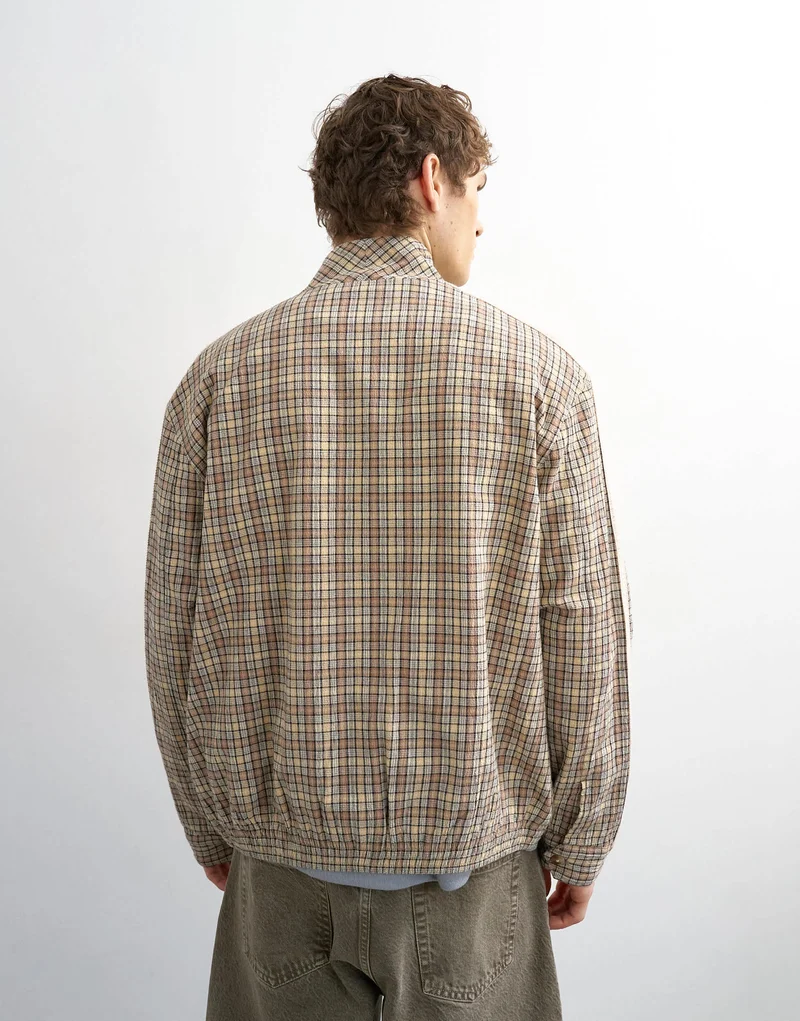 Topman textured check Harrington in brown