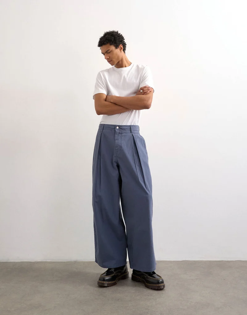 Topman pleated balloon fit canvas trouser with seam detail in blue