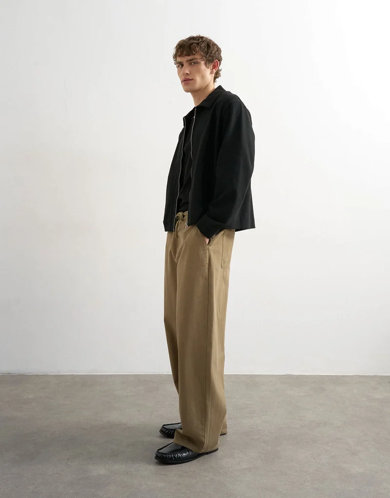 Topman baggy fit herringbone trousers in khaki