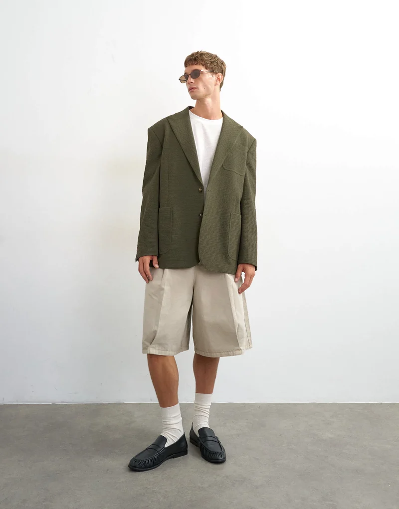 Topman oversized fit deconstructed seersucker blazer in khaki