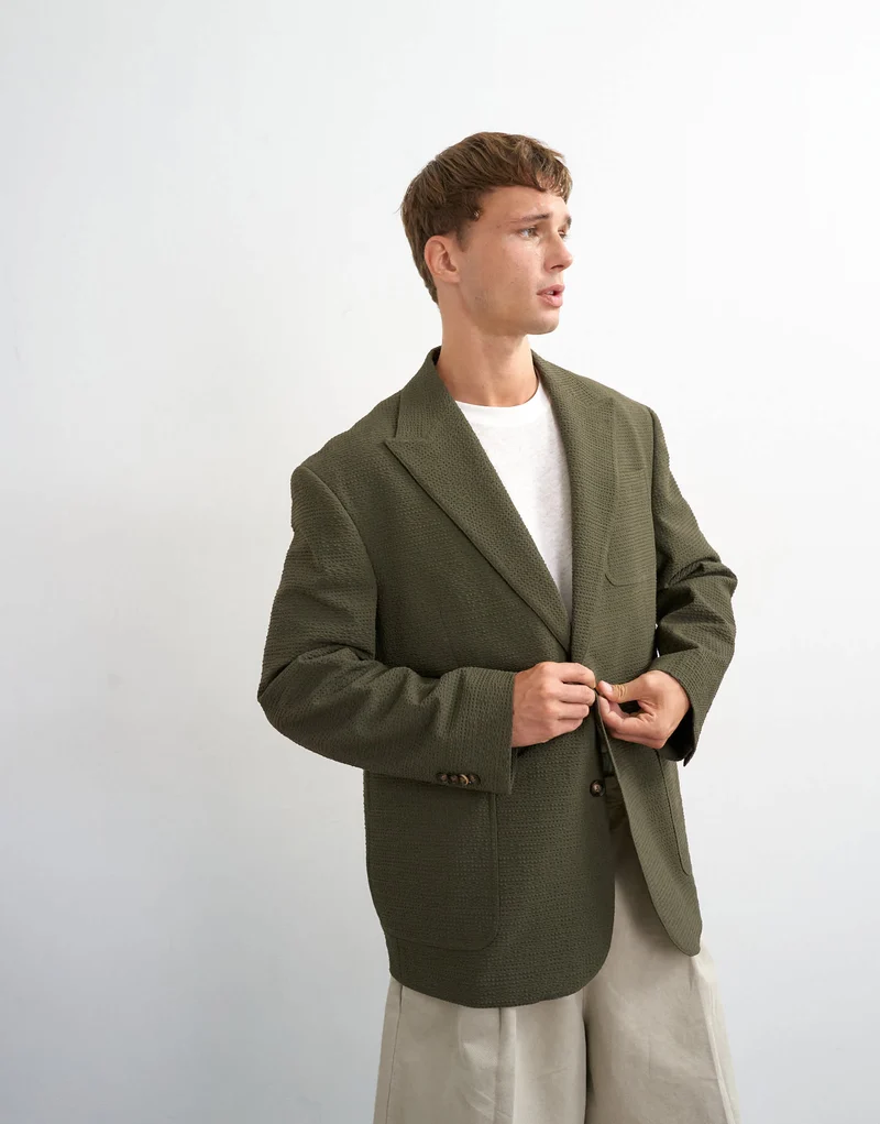 Topman oversized fit deconstructed seersucker blazer in khaki