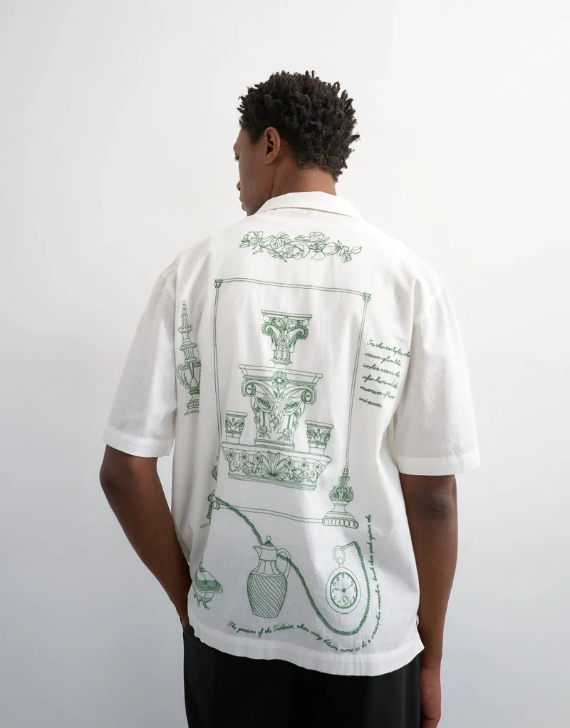 Topman relaxed fit linen blend shirt with all over placement embroidery in ecru