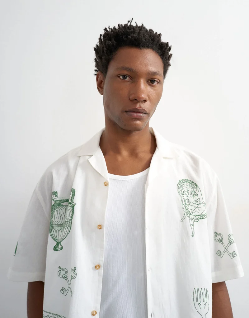 Topman relaxed fit linen blend shirt with all over placement embroidery in ecru