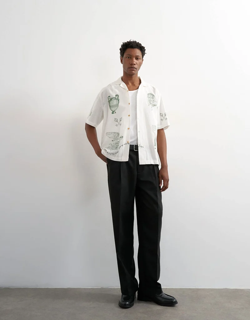 Topman relaxed fit linen blend shirt with all over placement embroidery in ecru