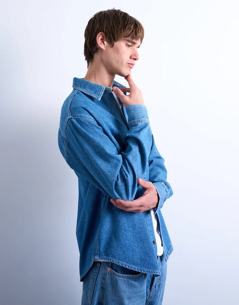 Topman regular fit denim long sleeve shirt in mid wash